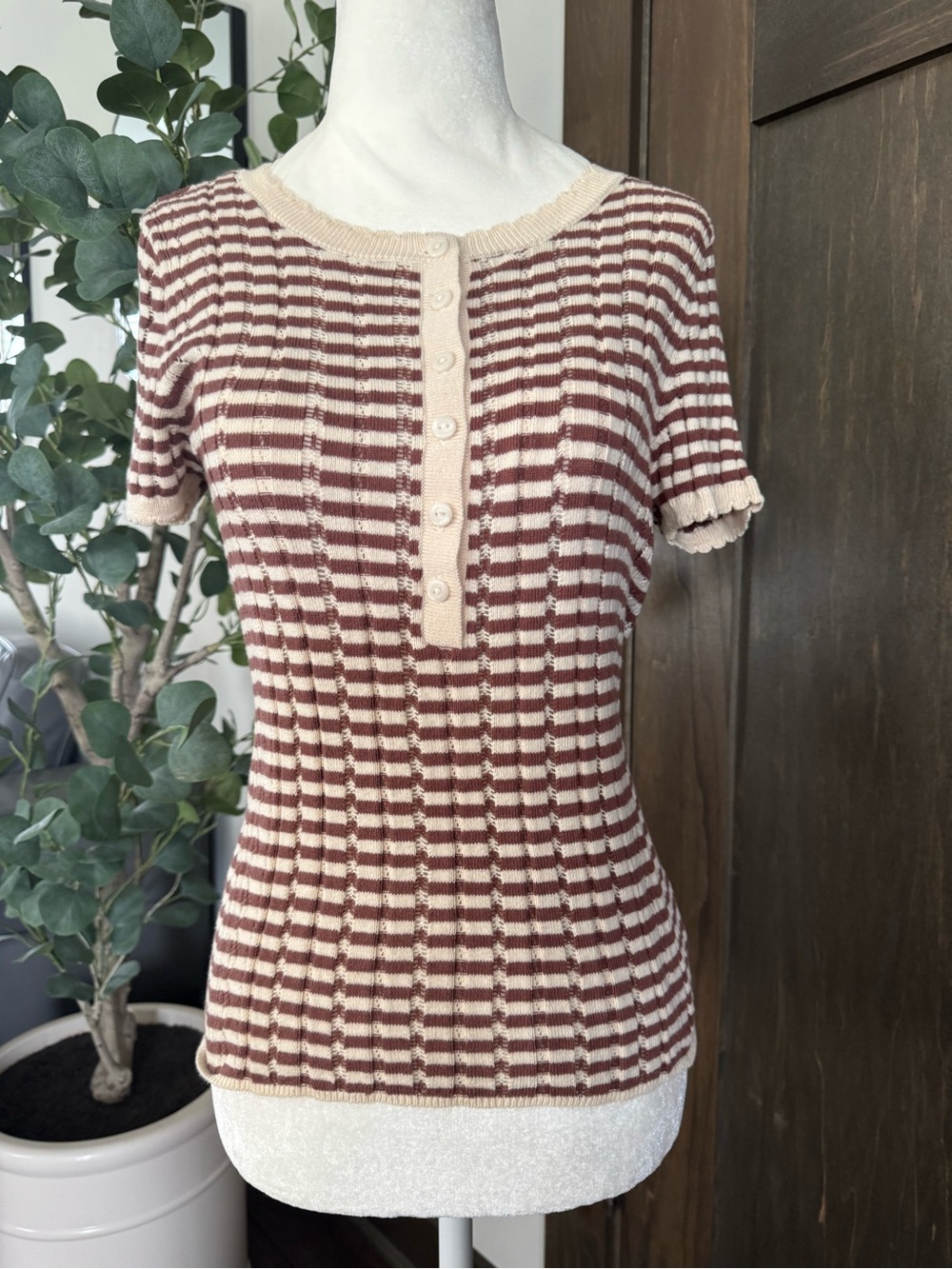 NEW American Eagle Striped Short-Sleeve Knit Top - Beige & Brown
